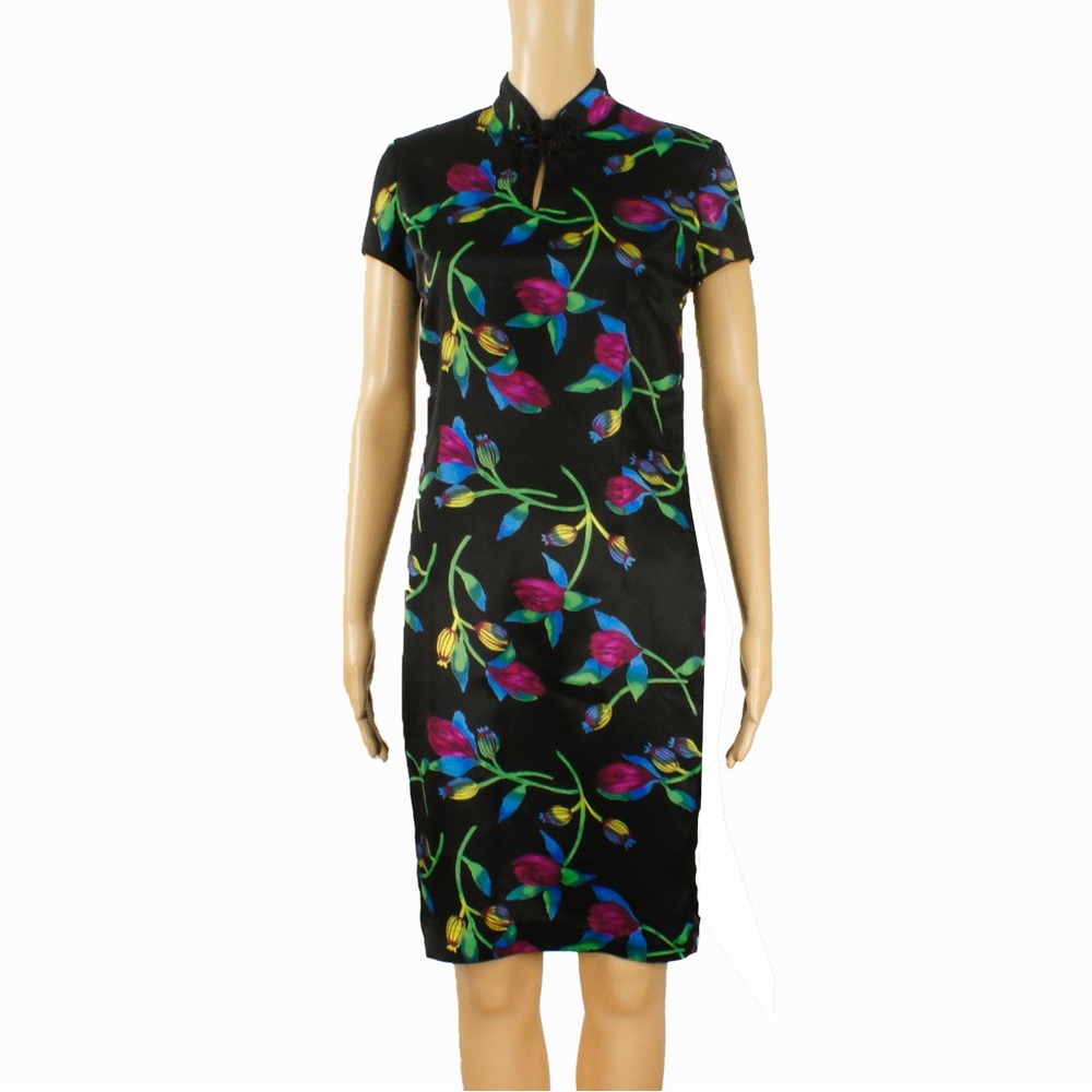 Vintage 90s Black Floral Satin Cheongsam Qipao Short Sleeve Dress